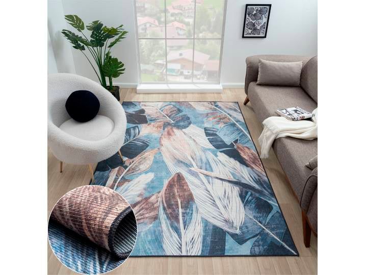 Outdoorteppich Luc , blau (blau,creme,braun), B:160cm H:10mm L:230cm, Polyester, MYFLAIR MÖBEL & ACCESSOIRES, Teppiche, Outdoorteppich, bedruckt, Federn, modernes Design, In- & Outdoor geeignet, waschbar