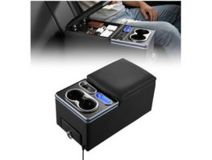 VEVOR Console Centrale Universelle Banquette Éclairage Ambiance 7 Couleurs, Accoudoir Boîte de Rangement avec Ports de Recharge USB/Type-C/Allume-cigare, Porte-gobelets, pour Monospaces Berlines SUV
