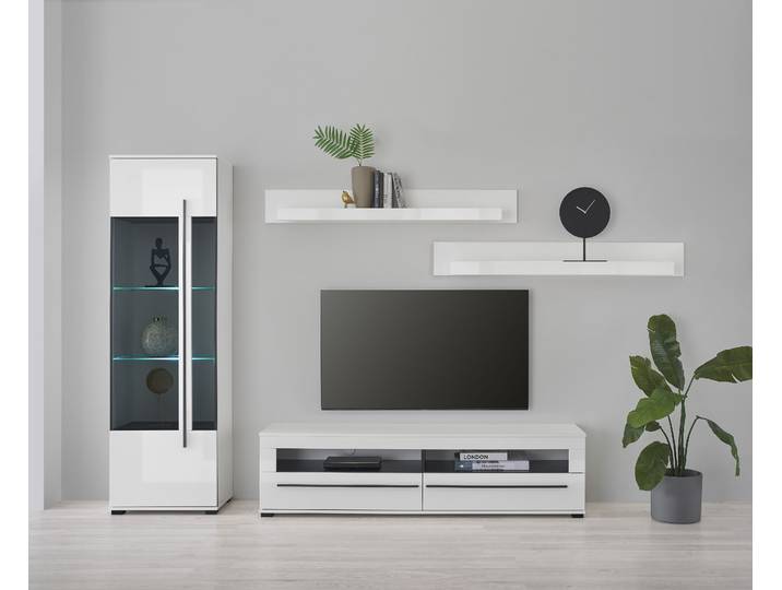 Wohnwand HOME AFFAIRE Cantara, Anbauwand, Wohnzimmer-Set, in Eiche Evoke, Weiss oder Kaschmir , weiss (weiß), B:240cm H:200cm T:42cm, Holzwerkstoff, Kastenmöbel-Sets, Wohnwand, enthält eine Vitrine, ein Lowboard und zwei Wandboards