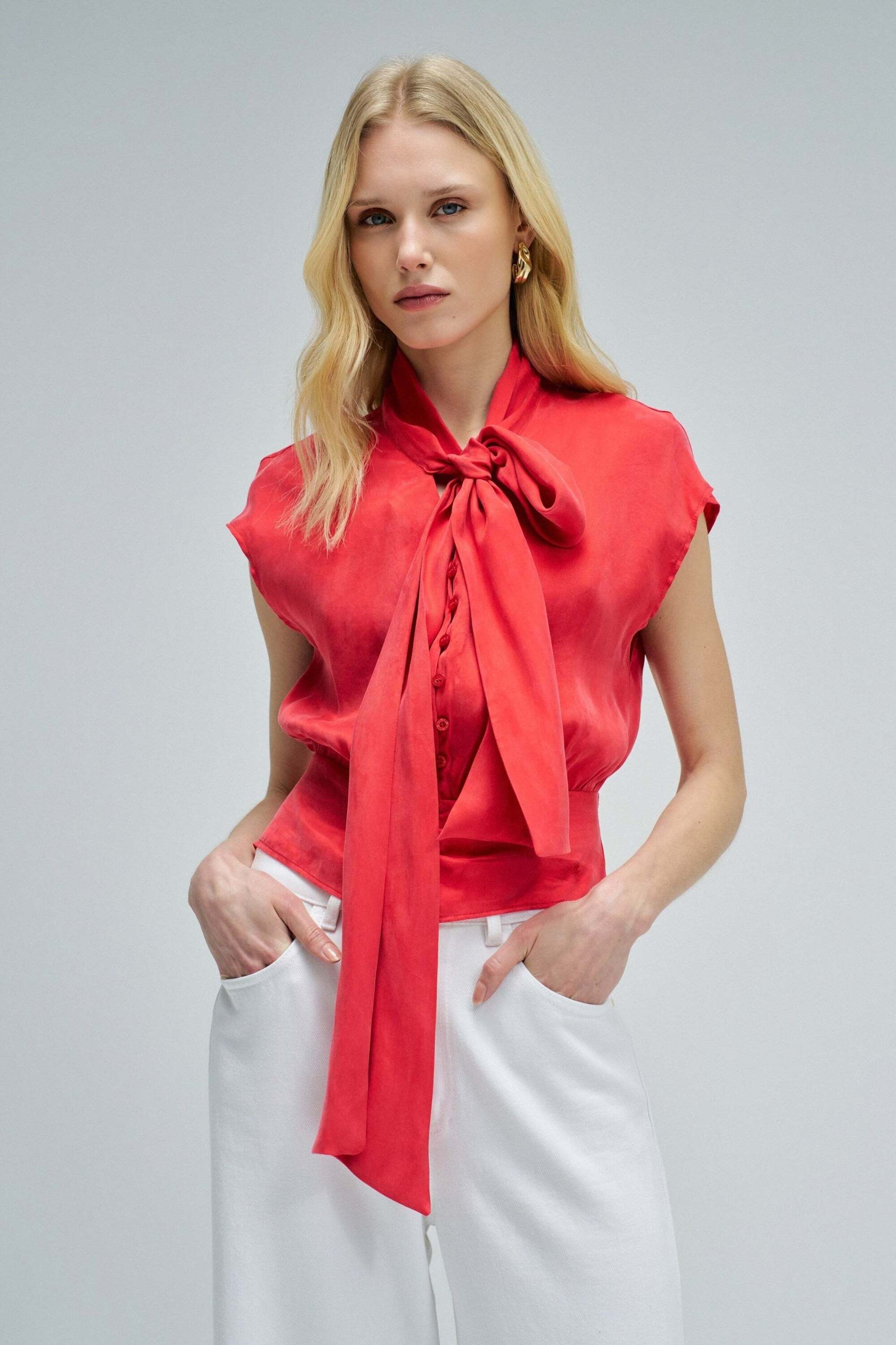 Kurzarmbluse SALSA "Salsa Jeans Kurzarmbluse Corset Blouse Style", Damen, Gr. L, rot, Obermaterial: 58% Lyocell CLY. 42% Viskose CV., Blusen Kurzarmbluse rot L