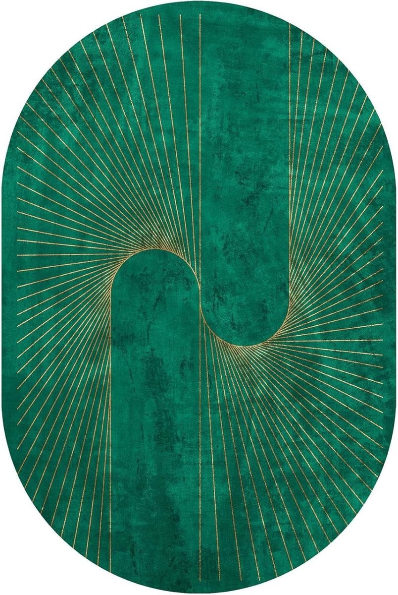 Ovaal Vloerkleed met Geometrisch Design - Modern Laagpolig Tapijt - Smaragdgroen
