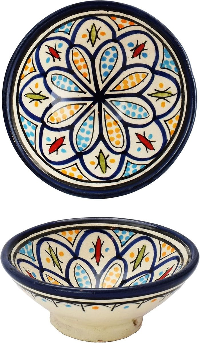 Oosterse Keramische Kom - Marokkaanse Schaal - Handgeschilderd Decor - Breedte: 13 cm - Blauw Oranje Wit