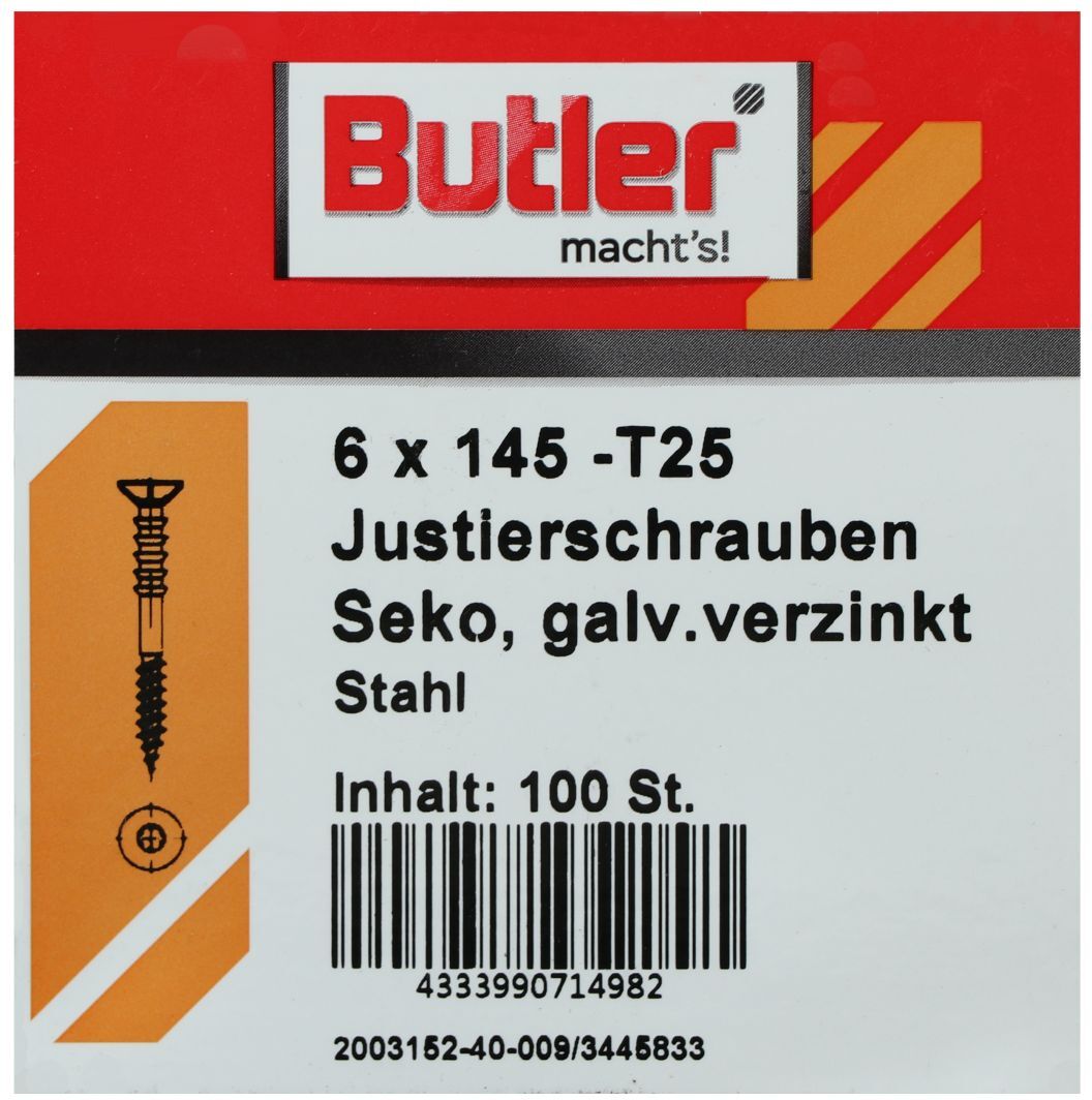 REYHER Butler macht's! Justierschraube, Stahl, Senkkopf, galvanisch verzinkt, T25, 6 x 145 mm, 100 Stück
