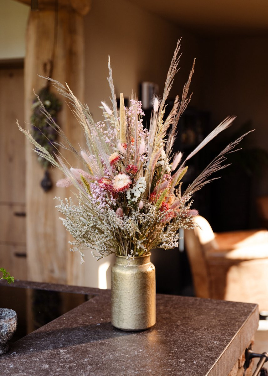 Droogbloemen boeket Pink Garden met vaas, 70 cm
