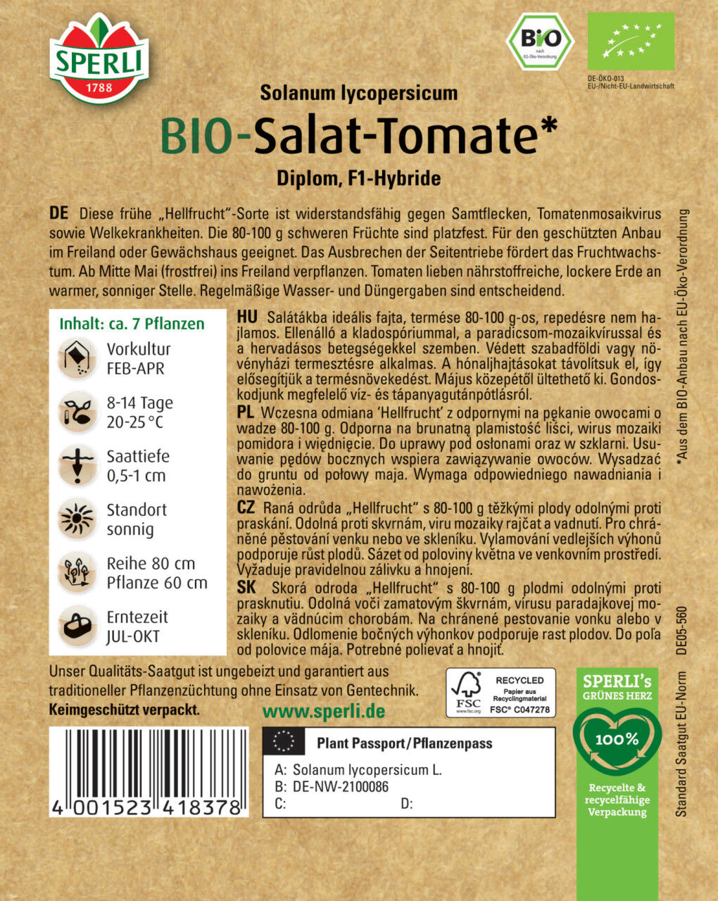 Sperli BIO Salat-Tomate Hellfrucht F1