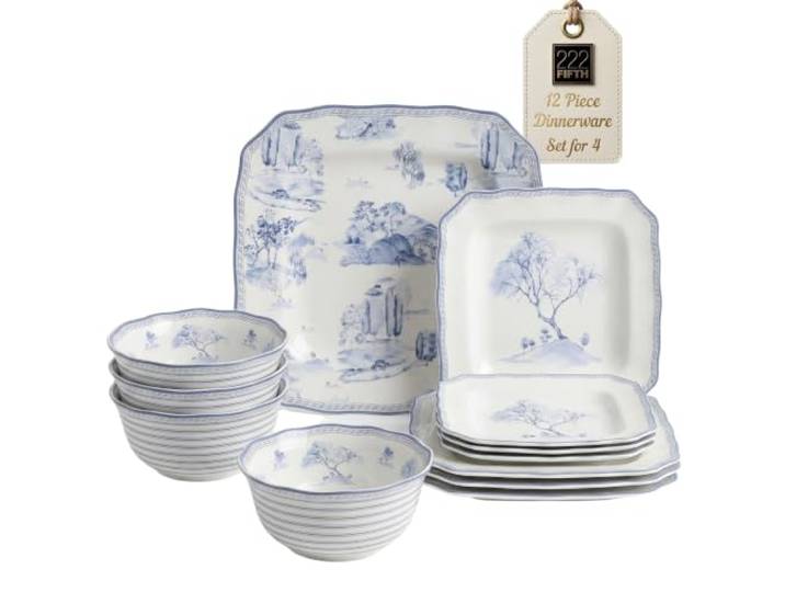 222 Fifth 12-teiliges Porzellan-Geschirr-Set für 4 Personen, glänzend weiße Teller und Schüsseln, Set mit blauem Aufkleber, elegantes quadratisches Keramikgeschirr-Set, Küchengeschirr, mikrowellen
