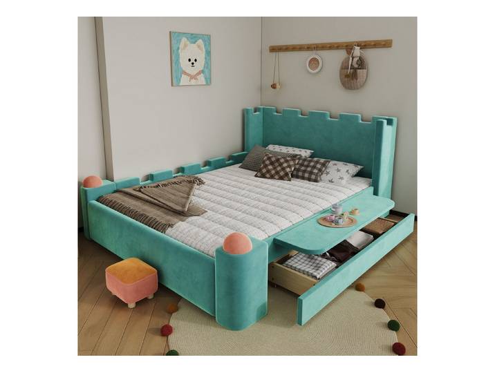 STILVORA Polsterbett 140×200 mit Matratze und Stauraum Doppelbett Kindebett, Samt (Designbett, Burgstil, Klappablage, Schublade, Französischer Samt, weich gepolstert, Antikollisionsschutz, stabil), Für Kinderzimmer, Jugendzimmer, Familienzimmer