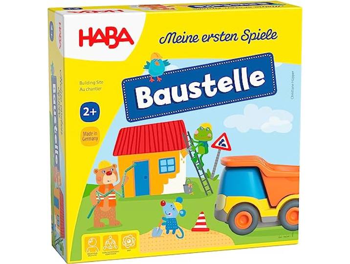 HABA Meine Ersten Spiele - Baustelle, Lernspiel & Memospiel ab 2 Jahren Kooperatives Spielset mit Kullerbü Muldenkipper, Bruno Bär Figur, Hausbau-Vorlesegeschichte und Zuordnungsspiel