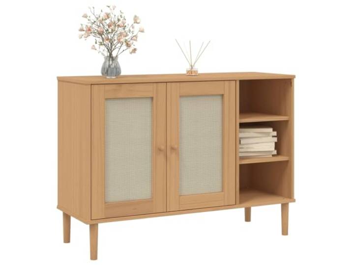 KTHLBRH Sideboard SENJA 112 x 40 x 80 cm Massivholz Kiefer Braun 5 Fächer, 2 Türen, Rattanoptik, UV-Lack, Holzgriffe, Montage erforderlich