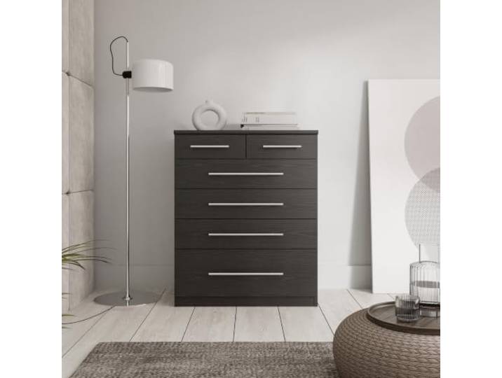 Forte Prague Kommode 70, Moderne Kommode, 4 große und 2 kleine Schubladen, silberfarbene Griffe, Holzwerkstoff, Schwarze Esche Holzdekor, 69,9 cm breit x 95 cm hoch x 41,6 cm tief