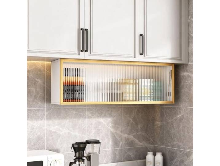 Wandmontierter Küchenschrank mit Glas-Klapptür, Wandschrank aus Massivholz Wandmontierter Aufbewahrungsschrank，Für Küchen und Badezimmer geeignet(B,90cm/35.4in)