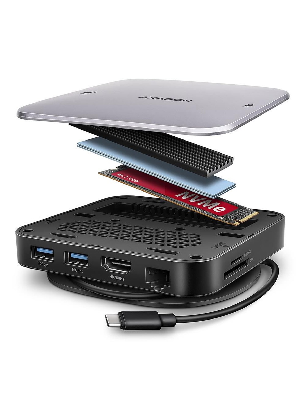 AXAGON UFO 9-in-1 USB-C 10 Gbps HUB USB-Hubs - USB 3.2 - 8 Anschlüsse - Schwarz