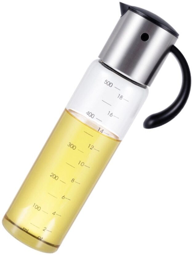 INF Tropffreier Ölspender 500ml Borosilikatglas mit Edelstahl-Automatikklappausguss, Silber