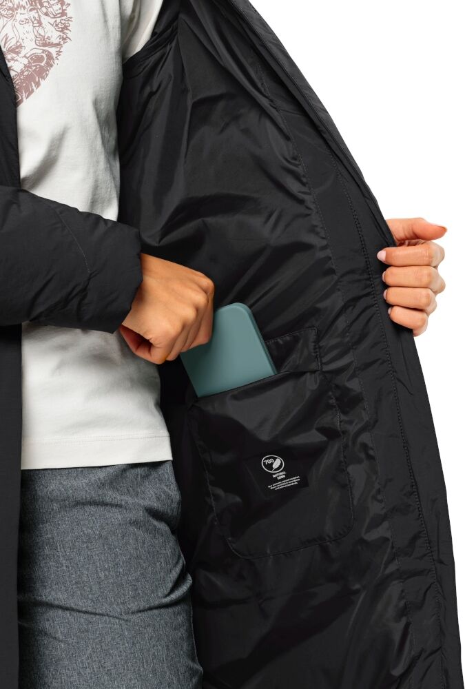 Daunenmantel JACK WOLFSKIN "MARIENPLATZ COAT W RDS", Damen, Gr. XL (46), schwarz, Obermaterial: 87% Polyamid, 13% sonstige Fasern. Futter: 100% Polyester. Füllung: 90% Entendaune, 10% sonstige Fasern, Mäntel Daunenmantel, Daunenmantel, warm, winddicht und
