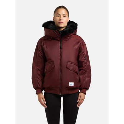 Bomberjacke KHUJO "Cela", Damen, Gr. L (40), rot (burgund), Obermaterial: 100% Nylon. Innenfutter: 100% Polyester. Kunstfell: 100% Polyester. Wattierung: 100% Polyester, oversize hüftbedeckend, hoch geschlossener Ausschnitt, Rippstrickbündchen,...