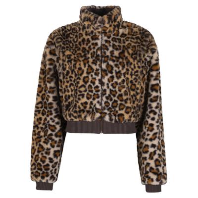 Langmantel URBAN CLASSICS "Urban Classics Ladies Cropped Faux Fur Leo Jacket", Damen, Gr. M, braun (leo), 100% Polyester, Mäntel