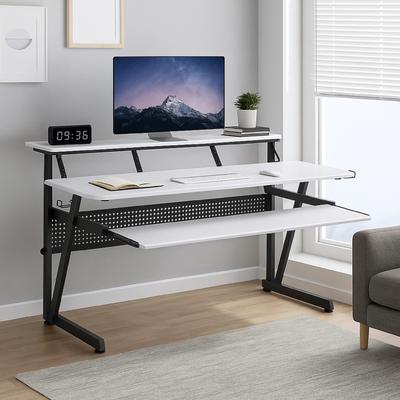 Benjara Vion 71 Inch Music Producer Desk for Computer, White, Keyboard Tray