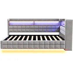 MODFU Polsterbett Samtstoff Hellgrau 90x200 cm mit hydraulischem Stauraum, LED-Beleuchtung, Steckdose, USB- und Typ-C-Anschluss