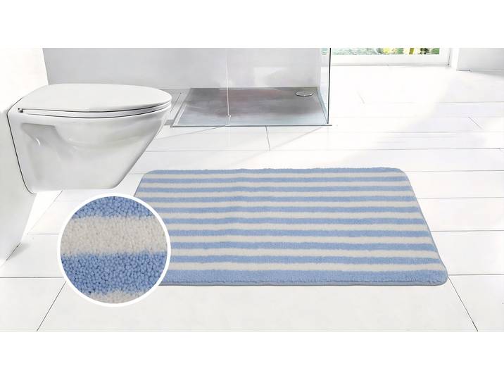 Badematte GOODPRODUCT Streifen, Jannika, Badvorleger, Badezimmer Teppich , blau (blau, weiß), H:12mm, Polyester, Badematten, Badematte, Scandi, modern, gestreift, Badteppich, Badematten