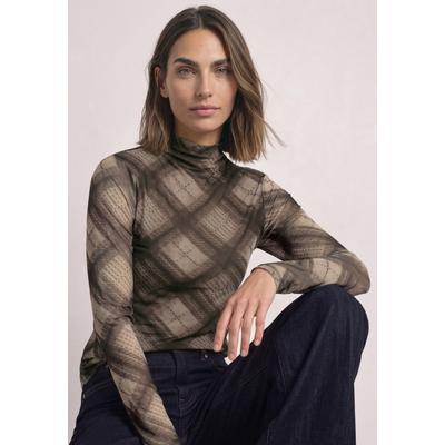 Langarmshirt STREET ONE, Damen, Gr. 40, braun (sanded amber), Mesh, Obermaterial: 95% Polyester, 5% Elasthan. Futter: 100% Viskose, bedruckt, hüftlang, Rundhals, Shirts Langarmshirt, leichte Mesh-Qualität, Elasthananteil
