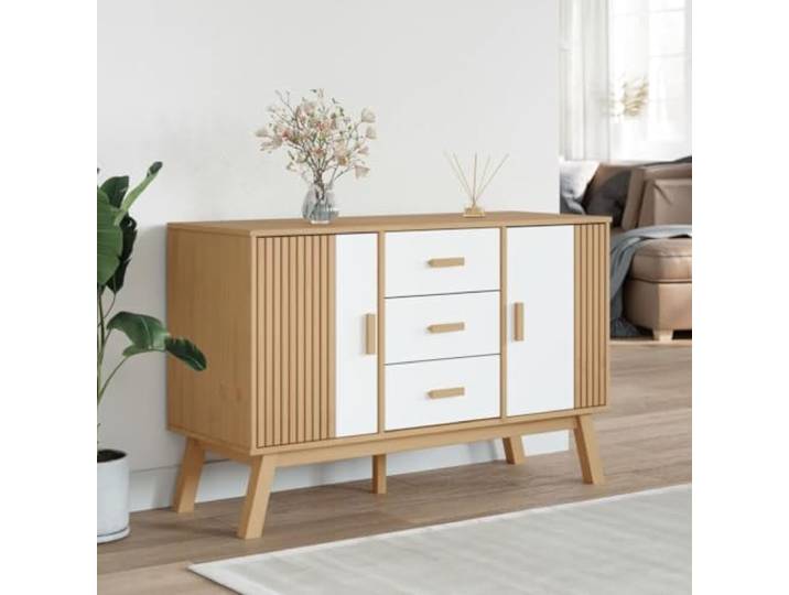 KTHLBRH Sideboard Olden, weiß und braun, 114 x 43 x 73,5 cm, massives 3 Schubladen, 2 Fächer mit Türen, Vitrine, Holzfüße, Montage erforderlich