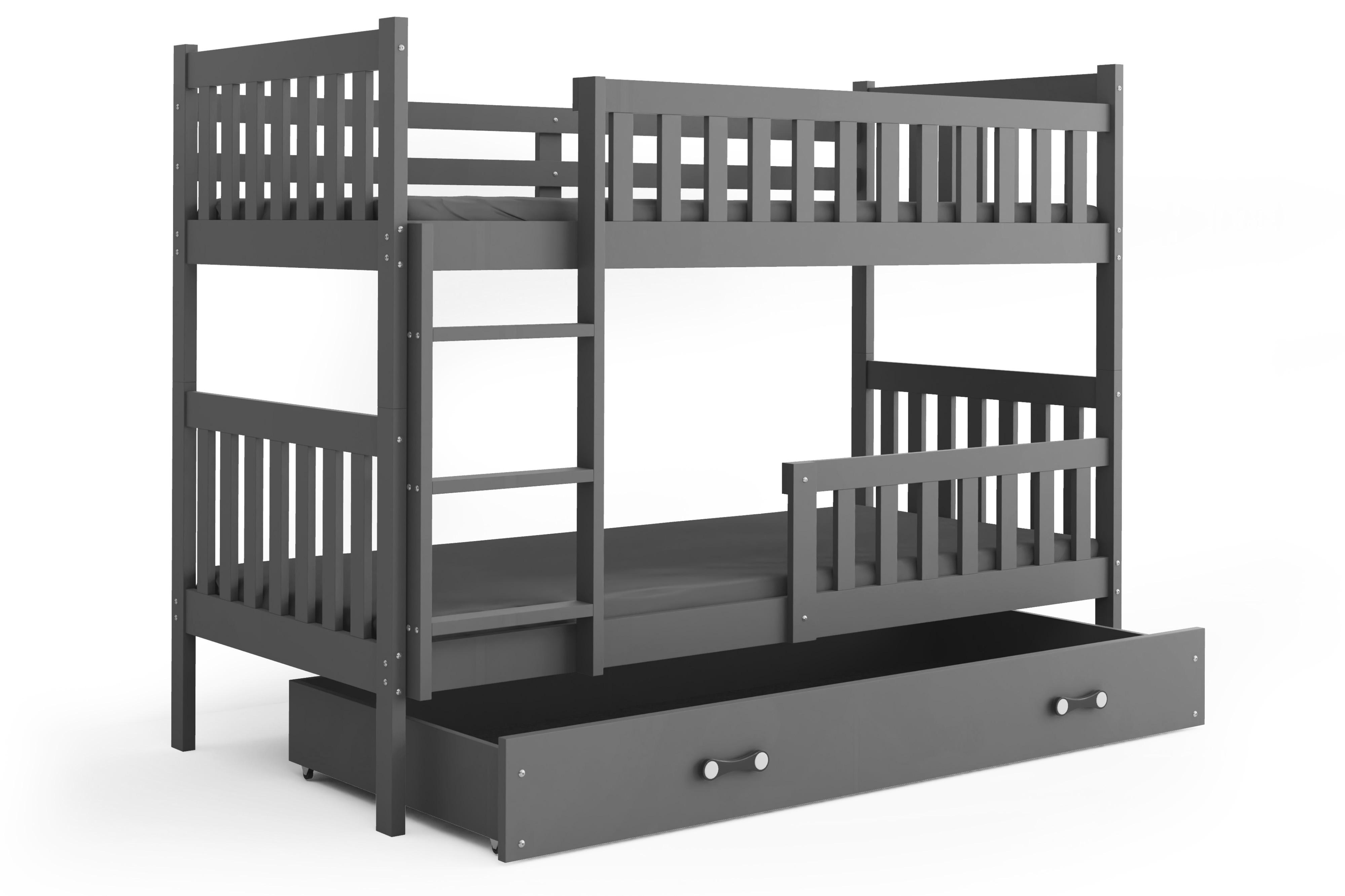 Kinder Etagenbett JAKOB 90x200 cm Grau - Massivholz, Schublade, Lattenrost & Rausfallschutz