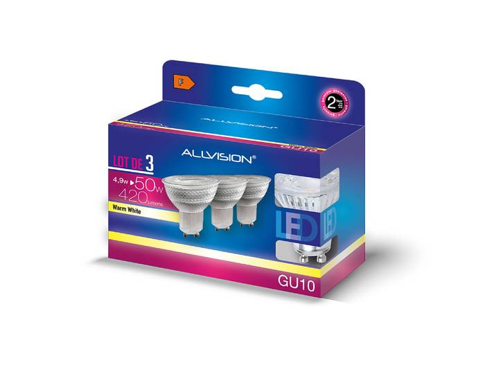 LED Spot GU10 4,9W=50W 420 lumens 3000K lot de 3