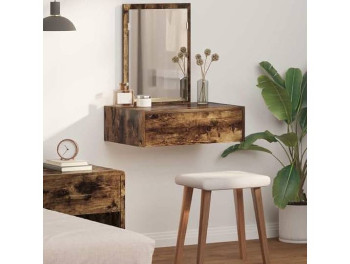 HKQWPBF Schminktisch Braun Holzwerkstoff mit Spiegel und Schubladen Stabiler Holzwerkstoff, matte Oberfläche, 2 Schubladen, flacher Spiegel, modernes Design