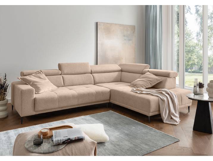 Ecksofa mit Sitztiefenverstellung Braun Webstoff Jimin 304 x 95 x 225cm Ottomane davorstehend rechts Modern