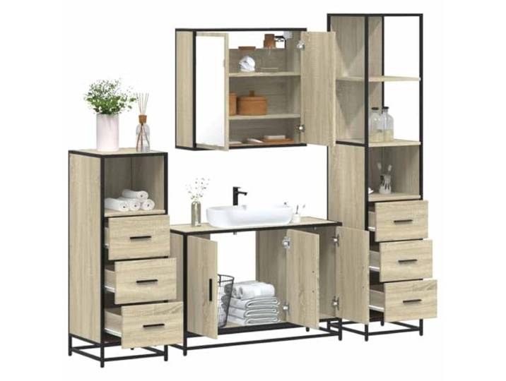 ZQQLVOO 4-TLG. Badmöbel-Set Sonoma-Eiche Holzwerkstoff Waschbeckenunterschrank, Spiegelschrank, Lowboard, Metallgestell, Wandmontage, reichlich Stauraum