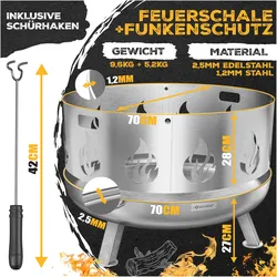 Kesser, Feuerschale,  Feuerschale Feuerkorb Edelstahl/Stahl 2,5mm, inkl. Feuerhaken 42cm & 2 Griffe