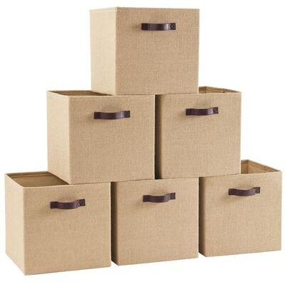 Ornavo Home 6 Pack Jute Fabric Storage Cube Bin with Faux Leather Handles