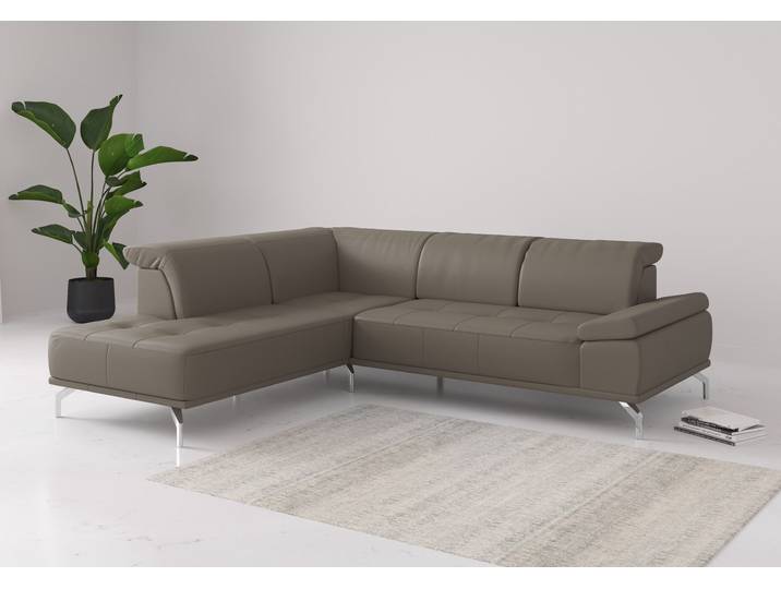 Ecksofa, Naturleder, Grau (Delphine) 274×235 cm, Sitztiefenverstellung, Modern, Places of Style