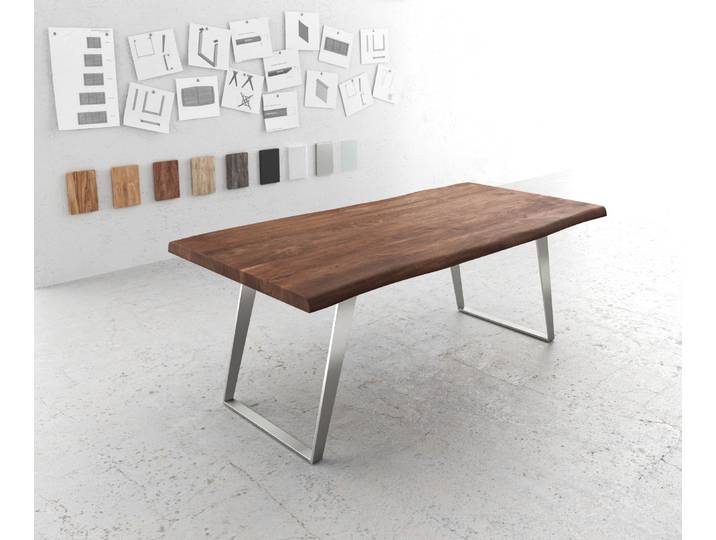 Esstisch Edge 200x100 XL Akazie Braun Edelstahl Schräg Live-Edge, Esstische, Baumkantenmöbel, Massivholzmöbel, Massivholz