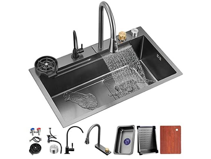 Küchenspüle, 304 Edelstahl, Nano-Raindance, Wasserfall-Spüle, Heimspüle, Gemüsebecken, Einzelspüle, Workstation, Küchenspüle mit ausziehbarem Wasserhahn, Drucktasse (80 x 45 x 20 cm)