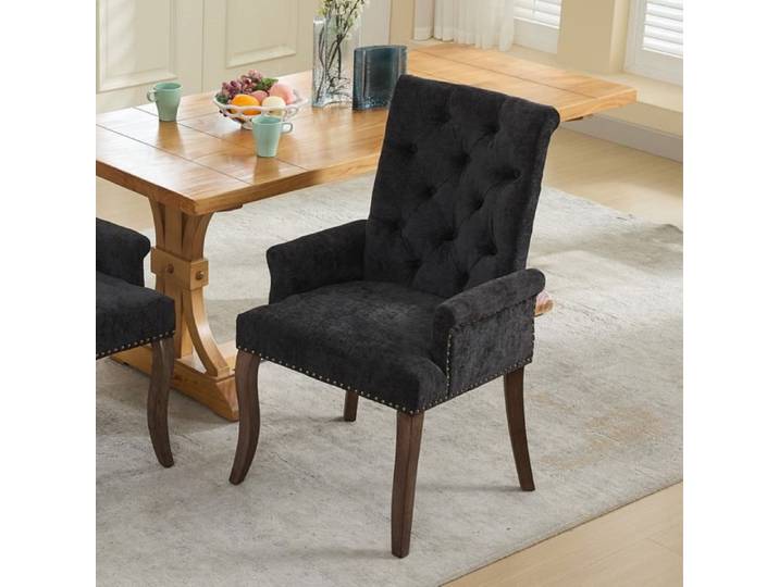 Fauteuil capitonné vintage en chenille - Fauteuil à oreille - Incrustation de clous - bois massif - 69 x 57 x 100 cm - noir