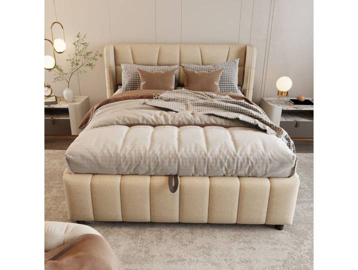 WUVRIE Lit coffre rembourré 140 x 200 cm beige sommier à lattes double rangée tête de lit levage pneumatique