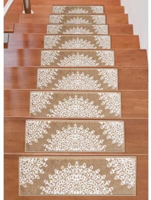 "Beverly Rug Indoor Non Slip Carpet Stair Treads w/ Installed Tape 9""x28"" Medallion Beige / Ivory"