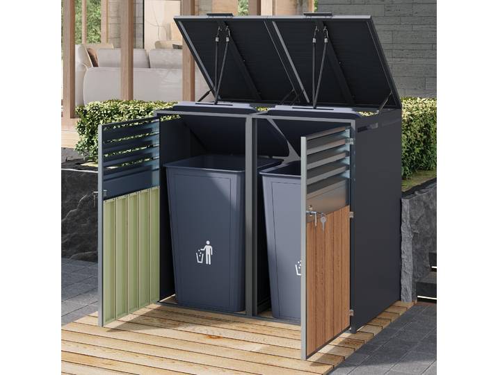 MODFU Outdoor-Mülltonnenbox Abschließbar mit Klappdeckel Lüftungsöffnung mit Lamellen für Garten geeignet Zwei Türen Grau