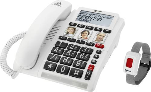 Geemarc CL610 Schnurgebundenes Seniorentelefon Foto-Tasten, Freisprechen, für Hörgeräte kompatibel, inkl. Notrufsender, Optische