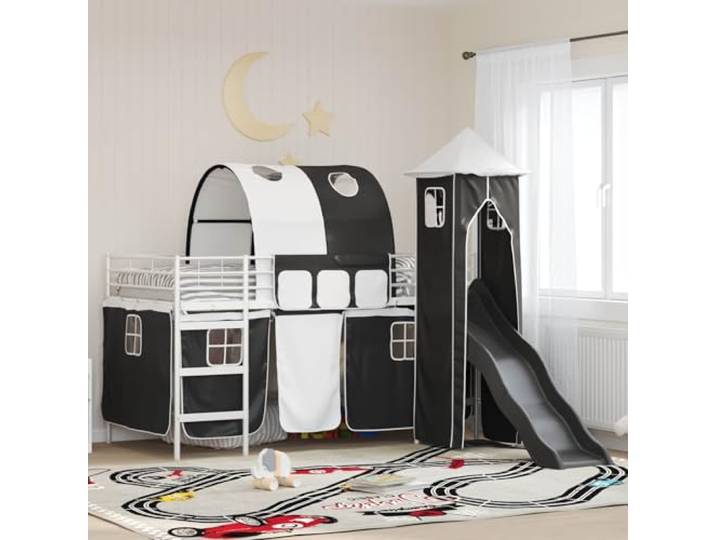 Metallrahmen mit Rutsche und Vorhängen Schlaf und Spielbereich 99 5 x 200 Kinderloftbett Weiß und Schwarz 99,5 x 200 cm Metall Hochbett mit Rutsche und Vorhang Spielbett für Kinderzimmer