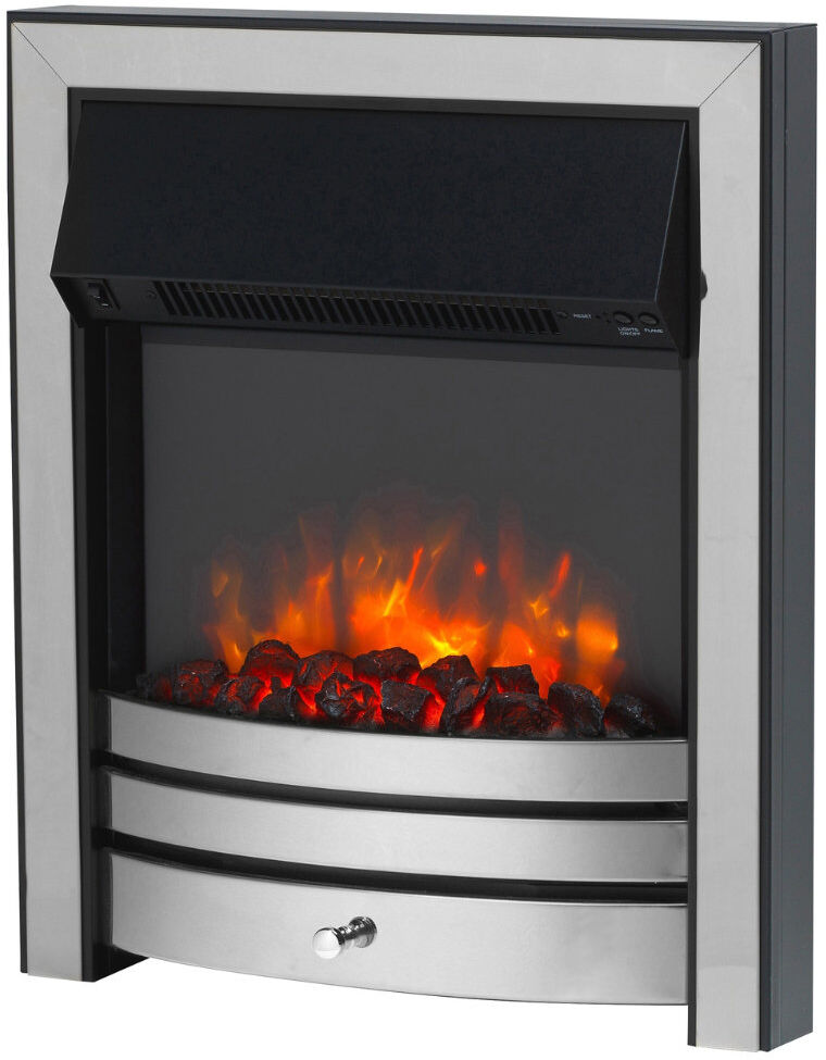 Castleton Fires & Fireplaces Meadow Inset Electric Fire, Black Trim, Coal Effect, LED Flame, Remote, Timer & 1-2kW Heat Chrome With half spacer