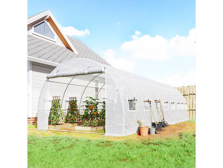 Outsunny Serre Tunnel 24m² Acier Galvanisé Bâche PE Blanc