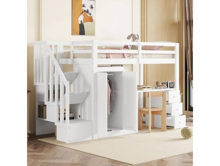 CollaHausse Lit Mezzanine 90x200cm Armoire Bureau Escalier Blanc