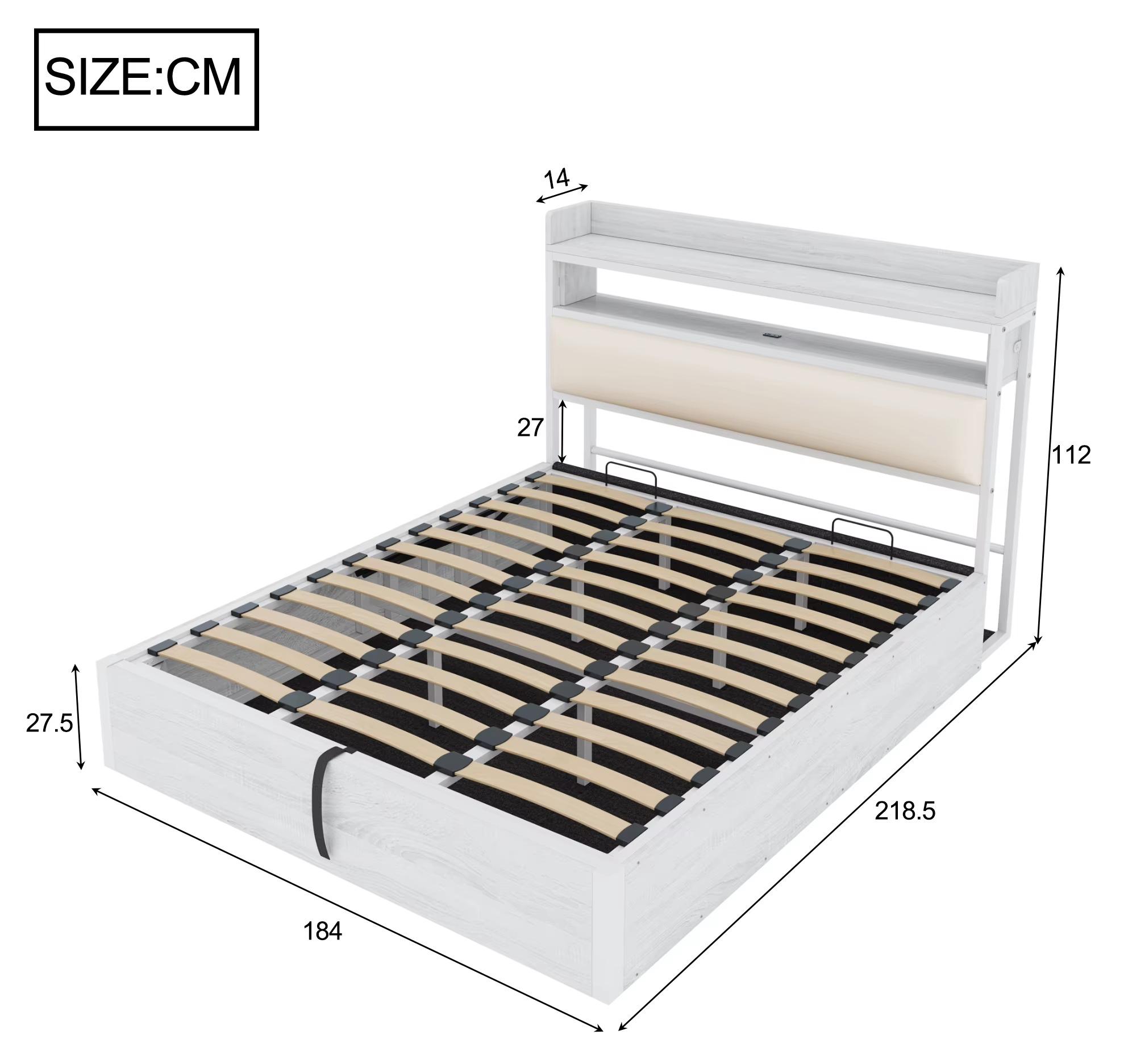 Doppelbett - Bettgestell - 180 × 200 cm - Gepolstertes Kopfteil - Hydraulischer Hebemechanismus - Versteckter Stauraum - USB-Anschluss - Weiß
