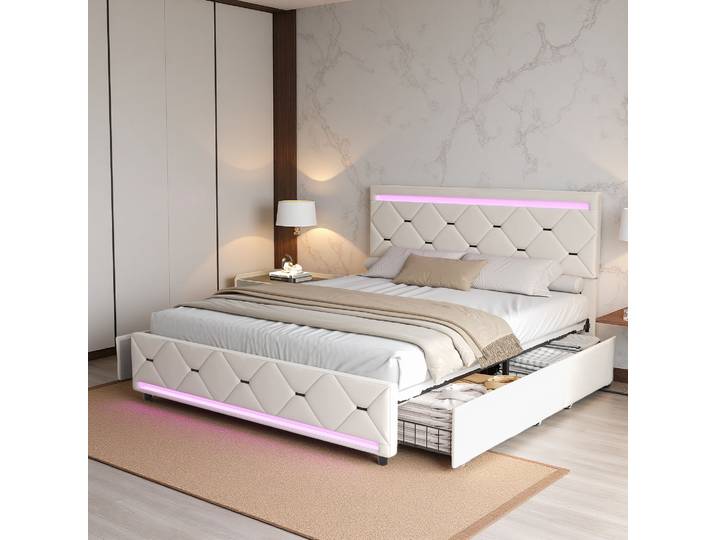 Anajqaqia Lit rembourré 140x200cm avec 4 tiroirs, lit rembourré, lit fonctionnel avec sommier à lattes, lit de rangement LED, cadre de lit, velours