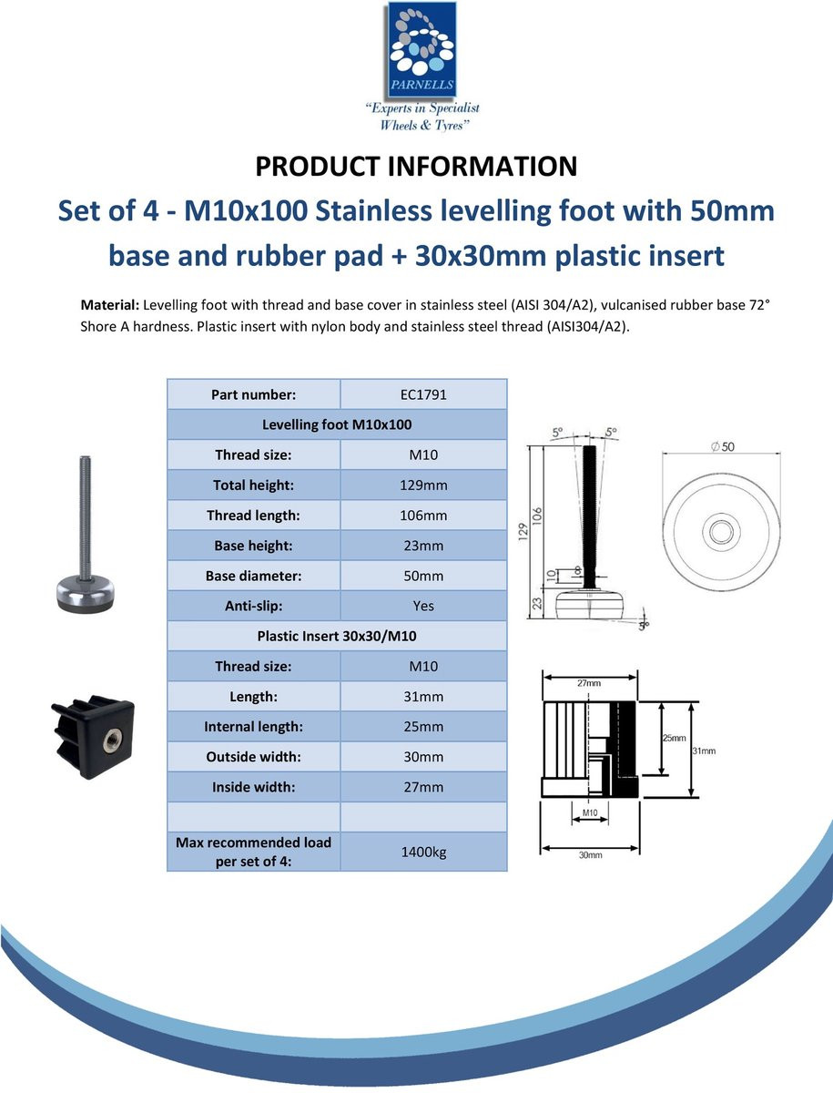 Set van 4 Roestvrijstalen voeten M10x100 mm met rubberen onderlaag en inzetstukken 30x30x1,5 mm