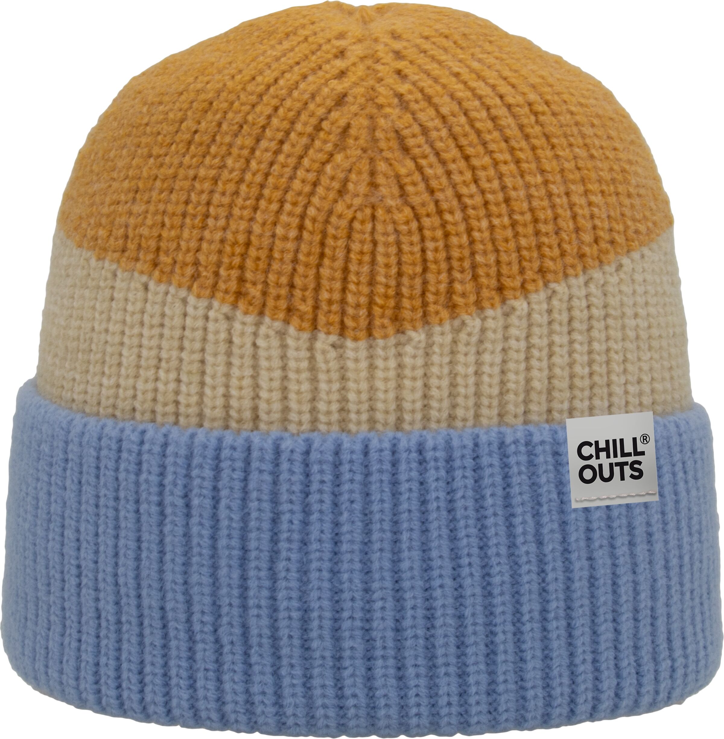 Beanie CHILLOUTS "Natascha Hat", Damen, bunt (curry, blau), Materialmix, Mützen Beanie, Moderne Rippstrickbeanie in Blockfarben curry, blau Einheitsgröße