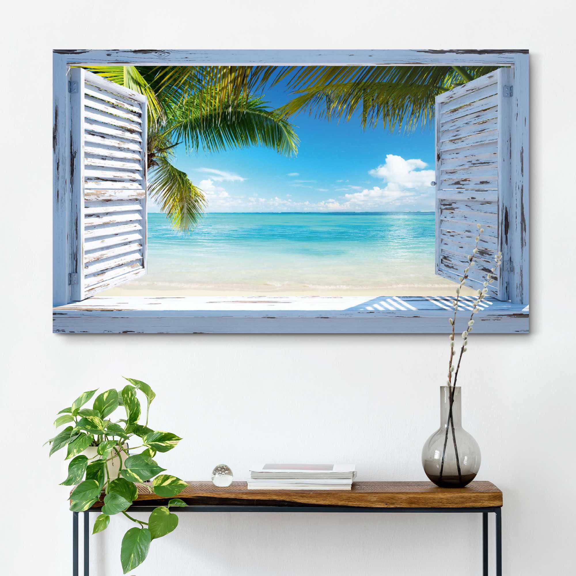 Reinders! Wandbild REINDERS "Strandfenster", blau (farbe bild(er): blau), B:118cm H:70cm, Hartfaserplatte, MDF, Bilder, Wandbild farbe bild(er): blau B/H/T: 118cm x 70cm, Querformat