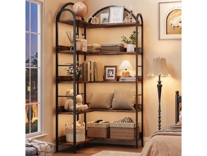 Zstar Eckregal Retro 174 cm, 5 Ebenen, Bogenform, L-Form, Metall 80 x 23 x 174 cm 5 Ebenen L-Form Bogenform Metall und Holz